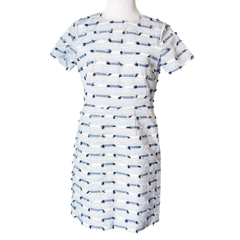 Shoshanna fringe tweed stripe blue and white sheath dress sz 6